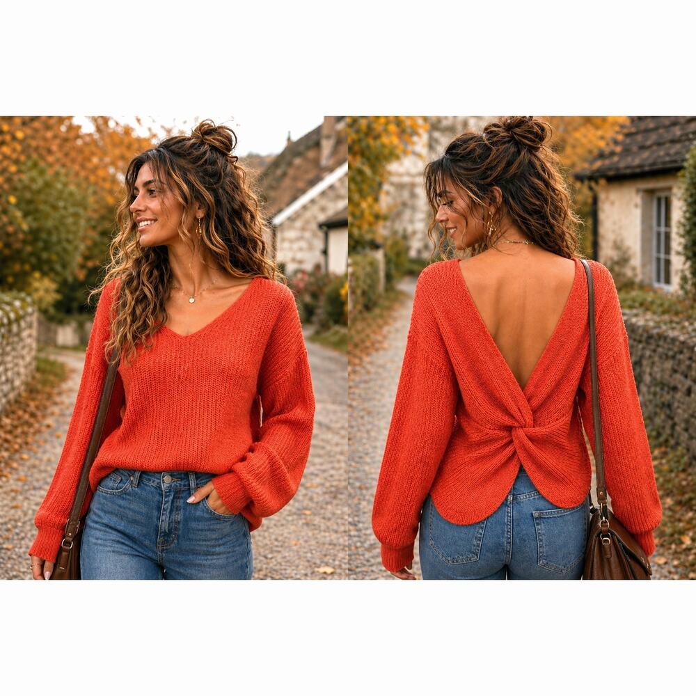 Reversible Twisted Favorite Knit Long Sleeve Fall Sweater Orange - size M